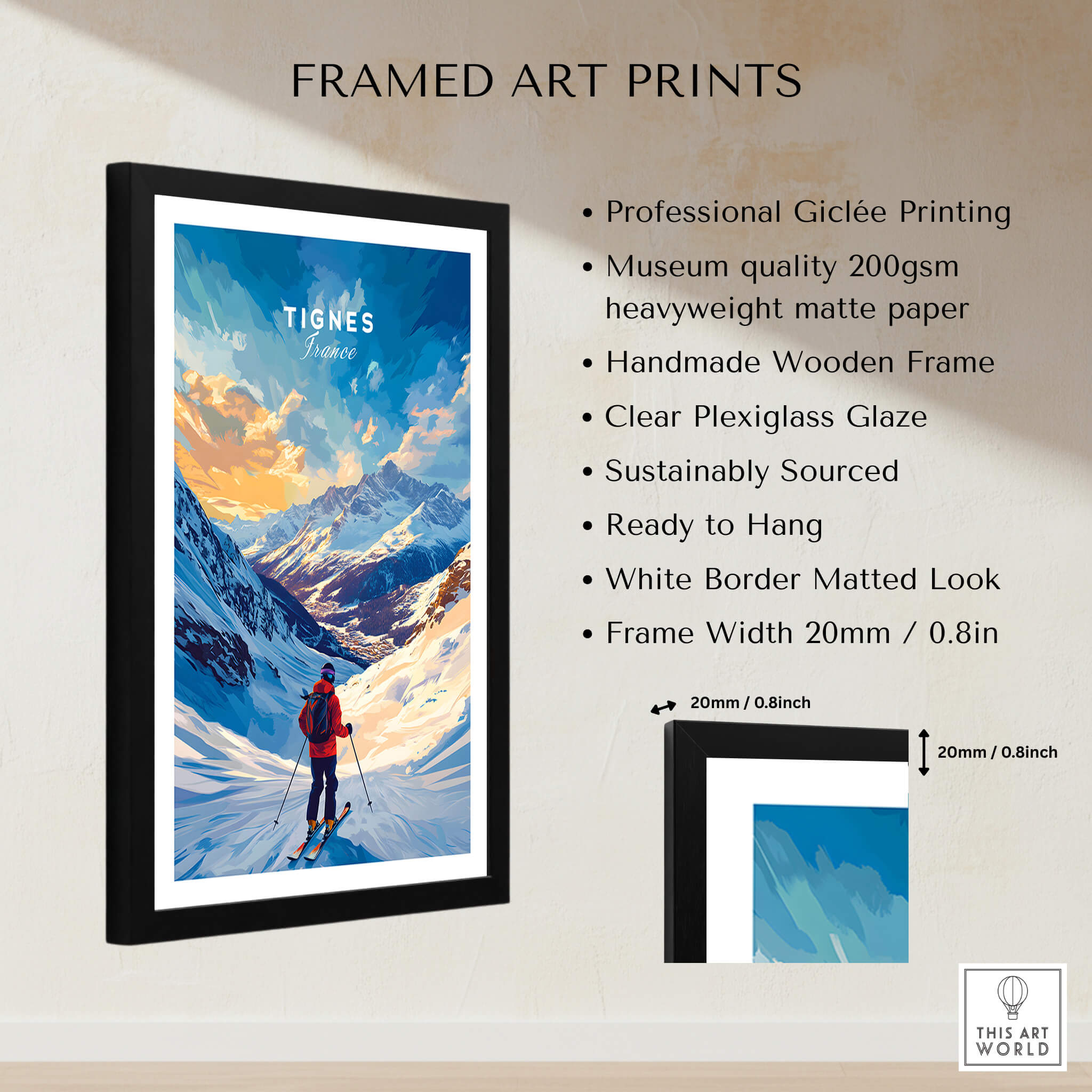 Tignes Ski Poster featuring a skier and stunning mountain landscape, perfect for adding adventure to your home decor.