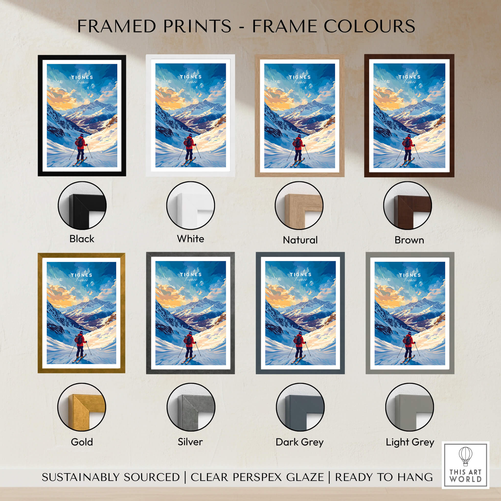 Tignes Ski Poster displayed in various frame colors including Black, White, Natural, Brown, Gold, and Silver.
