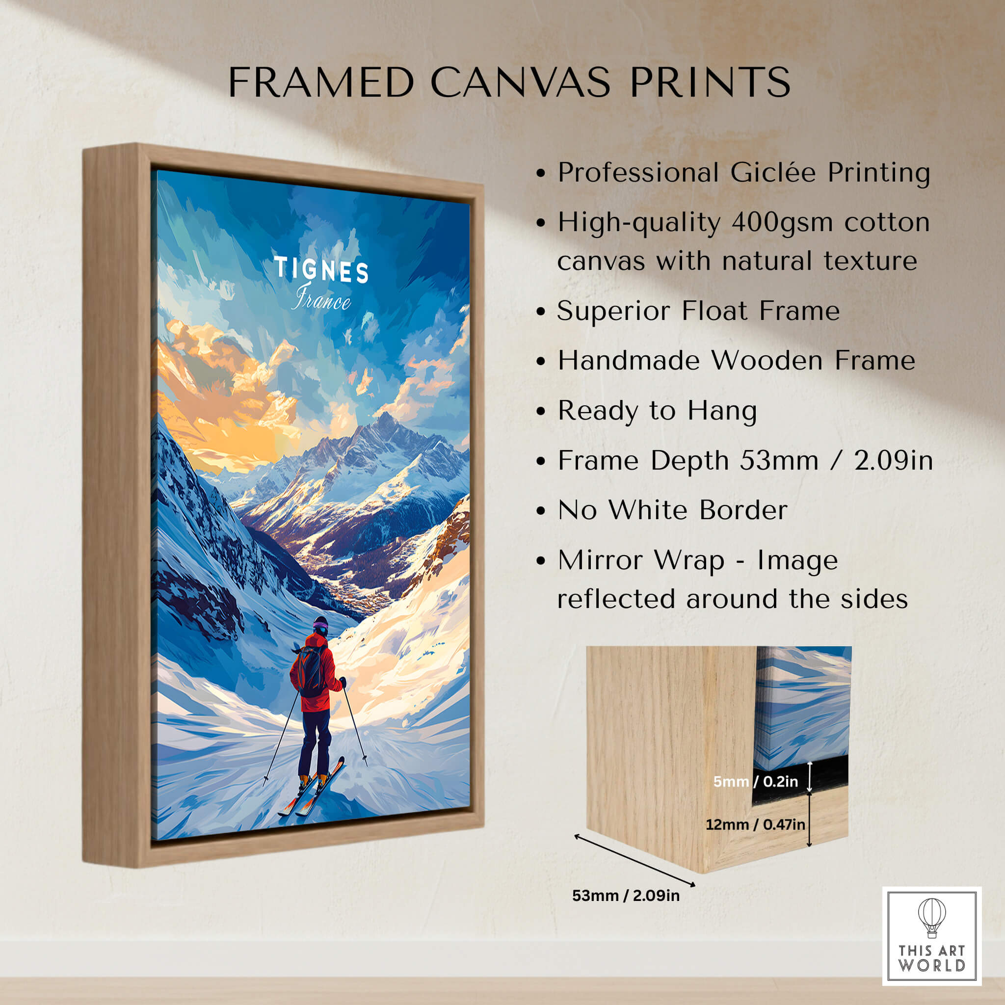 Tignes Ski Poster showcasing adventure in Tignes with a beautiful landscape and skiing imagery in a framed canvas print.