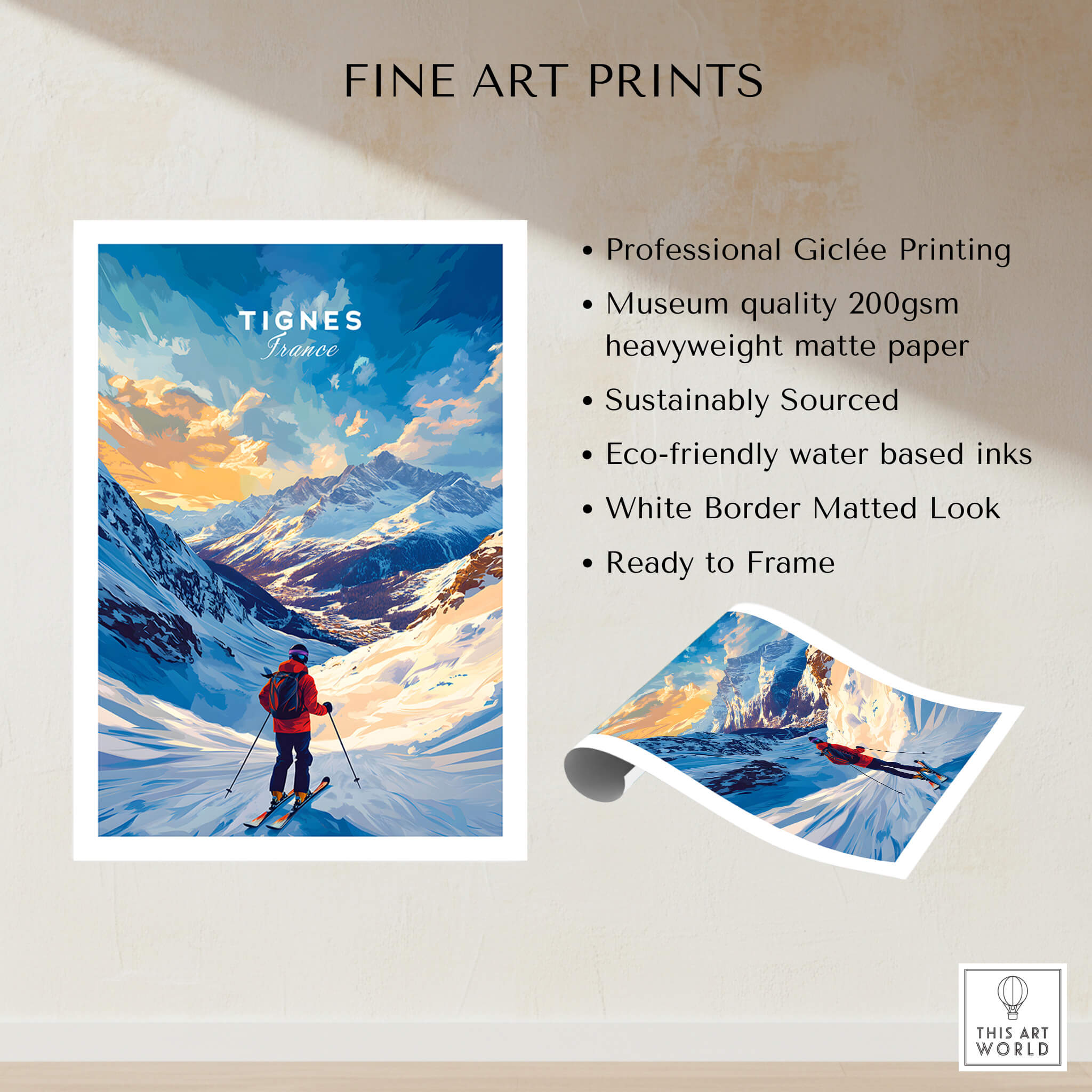 Tignes Ski Poster showcasing stunning alpine landscape and skier, perfect for ski enthusiasts and wall decor.