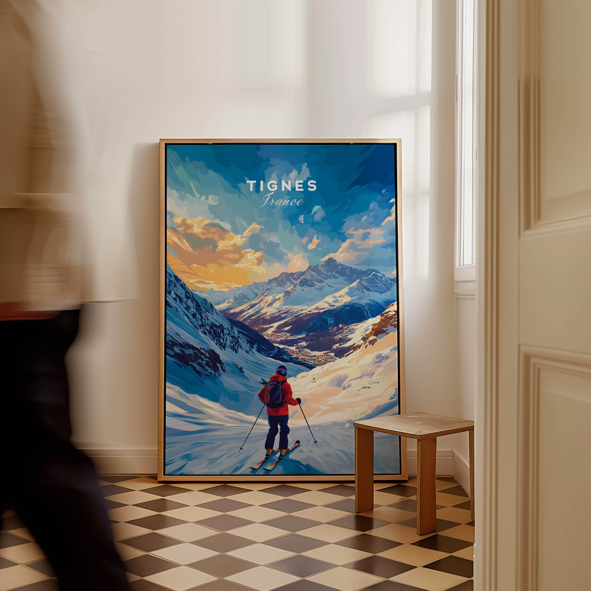 Tignes Ski Poster showcasing a skier in a beautiful landscape of Tignes, France, perfect for ski enthusiasts.