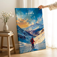 Tignes Ski Poster showcasing a skier against a beautiful snowy landscape in Tignes, France, perfect for ski enthusiasts.