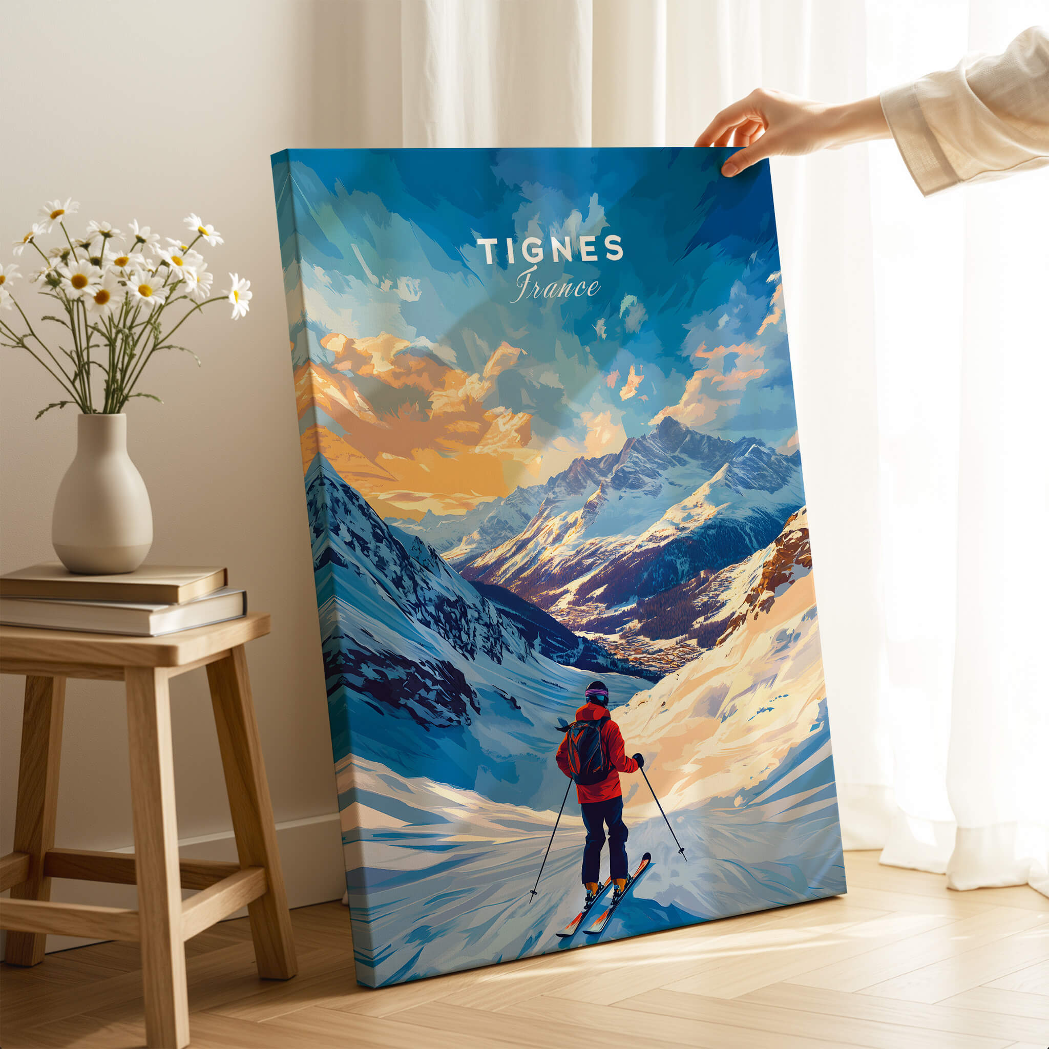 Tignes Ski Poster showcasing a skier against a beautiful snowy landscape in Tignes, France, perfect for ski enthusiasts.