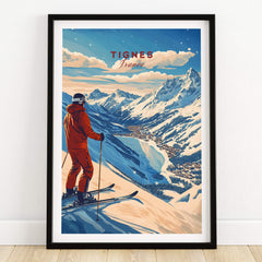 Tignes Print France Ski Poster featuring a skier on a snowy mountain overlooking Tignes, France.