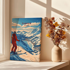 Tignes Print France Ski Poster featuring a skier amidst stunning mountain scenery