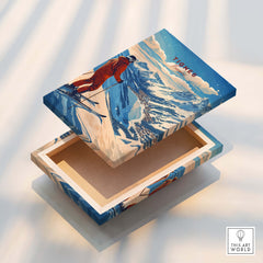 Tignes Print France Ski Poster depicting a skier against a breathtaking mountain backdrop in Tignes, France.