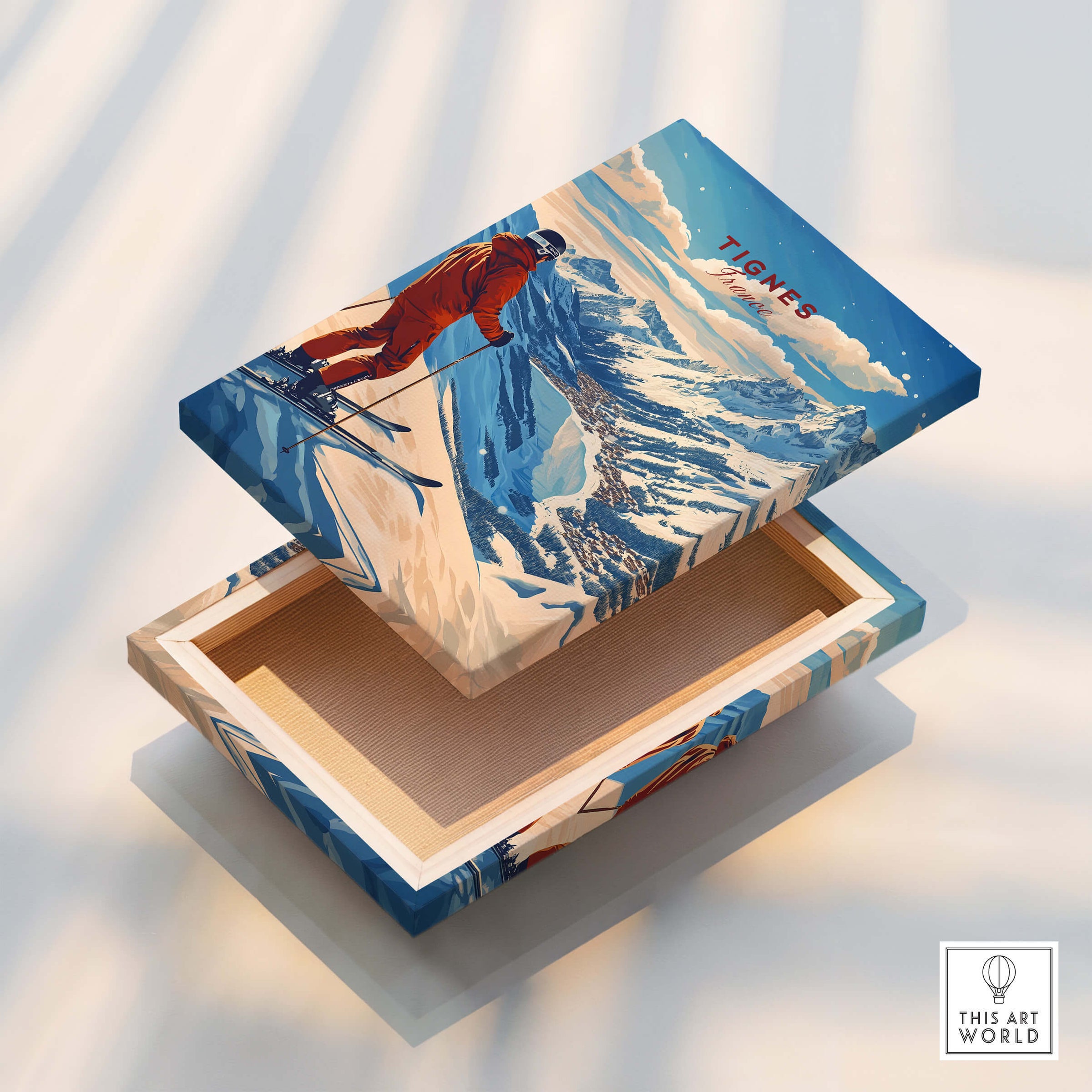 Tignes Print France Ski Poster depicting a skier against a breathtaking mountain backdrop in Tignes, France.