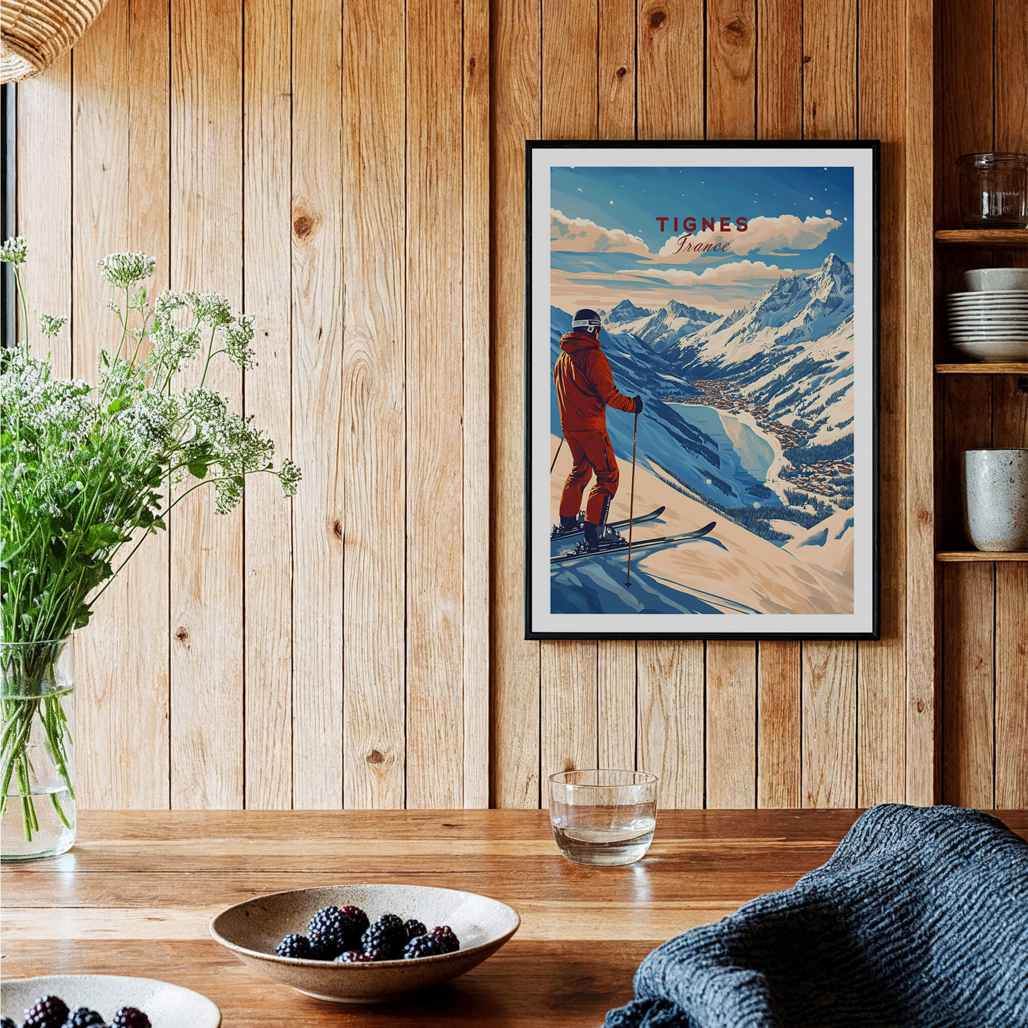 Tignes Print France Ski Poster displayed in a cozy interior, showcasing the beauty of Tignes, France.