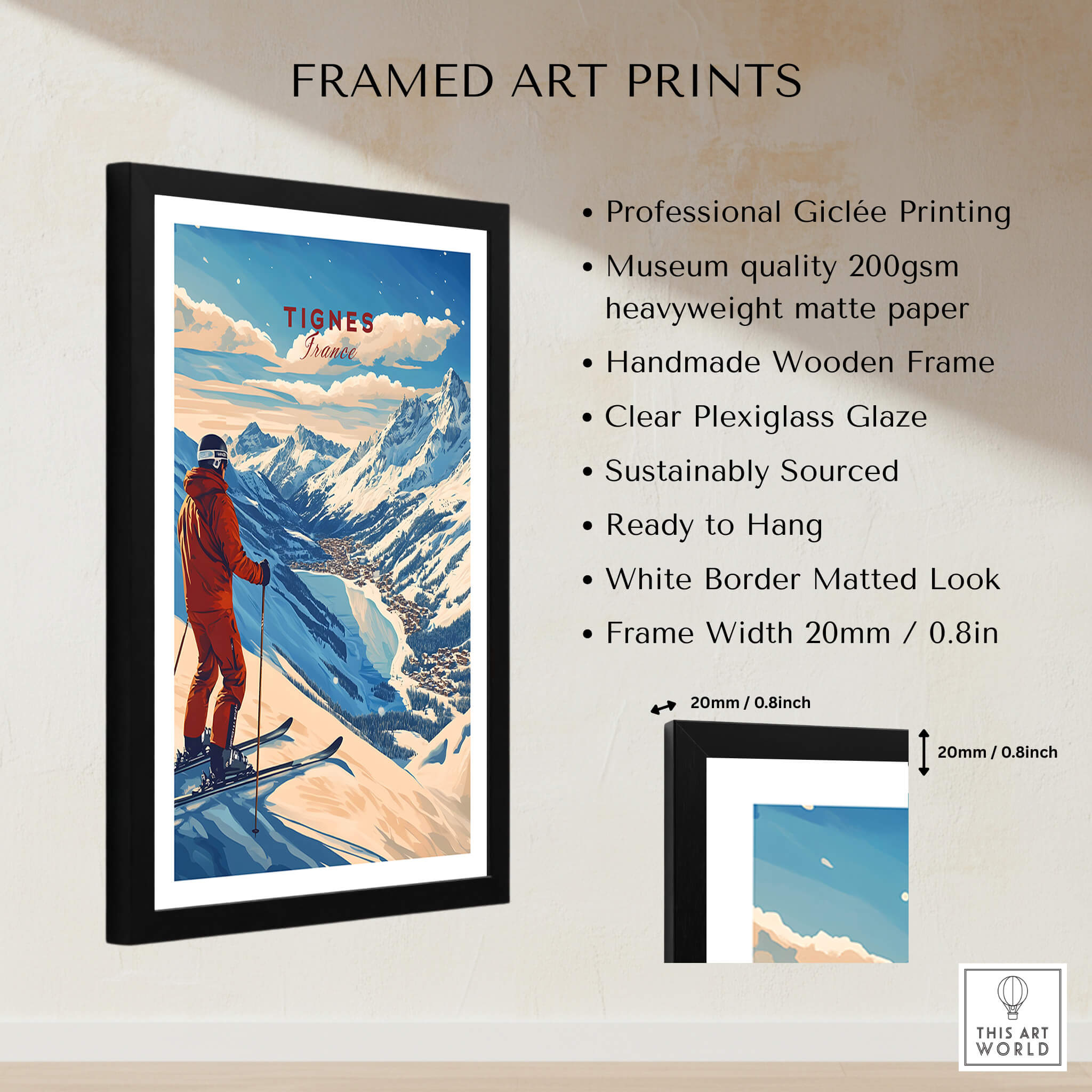 Tignes Print France Ski Poster framed art print featuring stunning ski artwork and high-quality giclée printing.