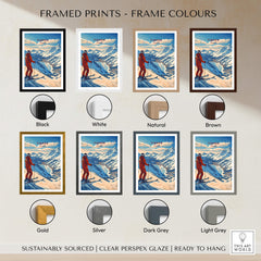 Tignes Print France Ski Poster framed print options in various colors including black, white, natural, brown, gold, silver, dark grey, light grey.