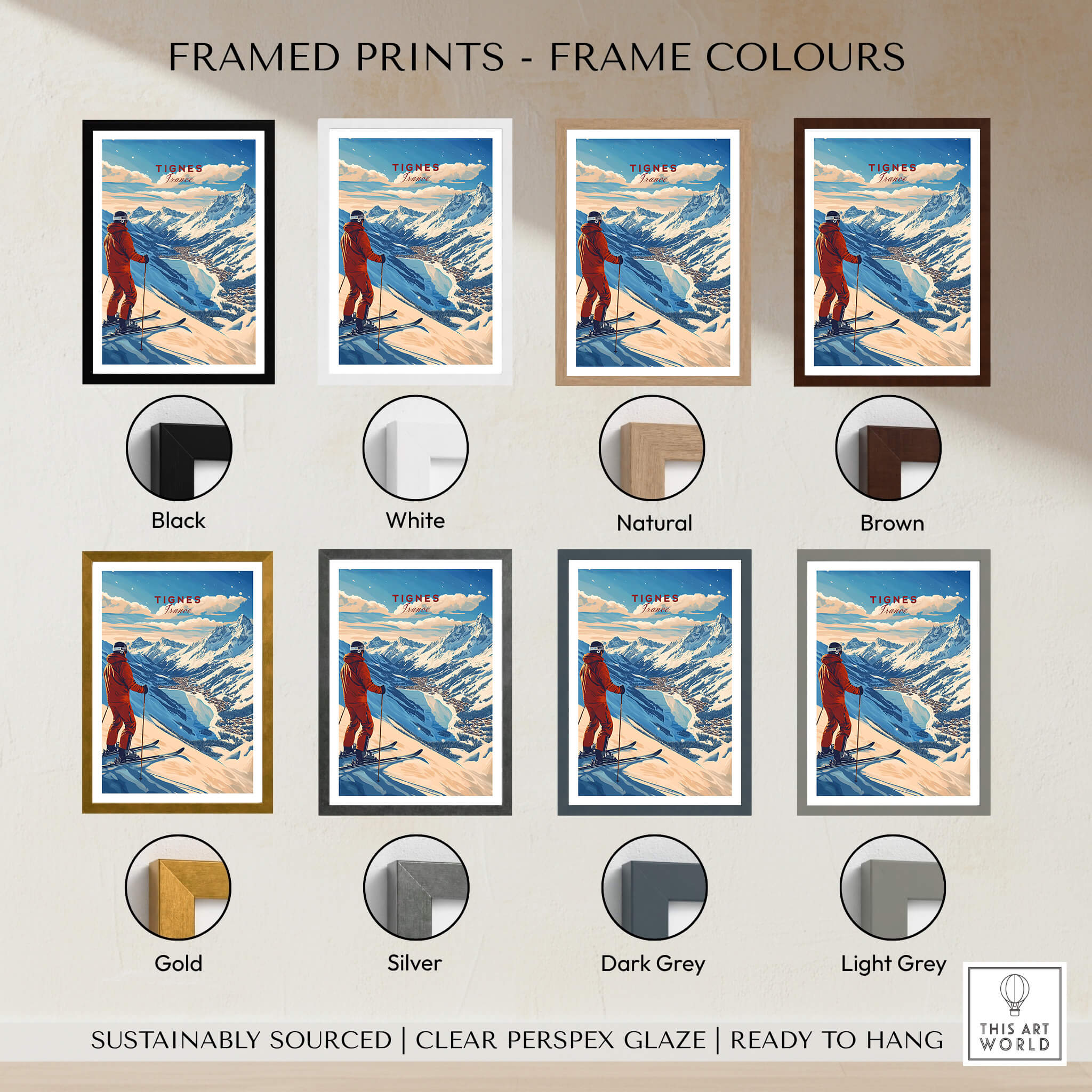 Tignes Print France Ski Poster framed print options in various colors including black, white, natural, brown, gold, silver, dark grey, light grey.