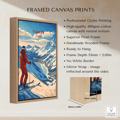 Tignes Print France Ski Poster framed canvas print showcasing skiing in Tignes, France with professional Giclée printing.