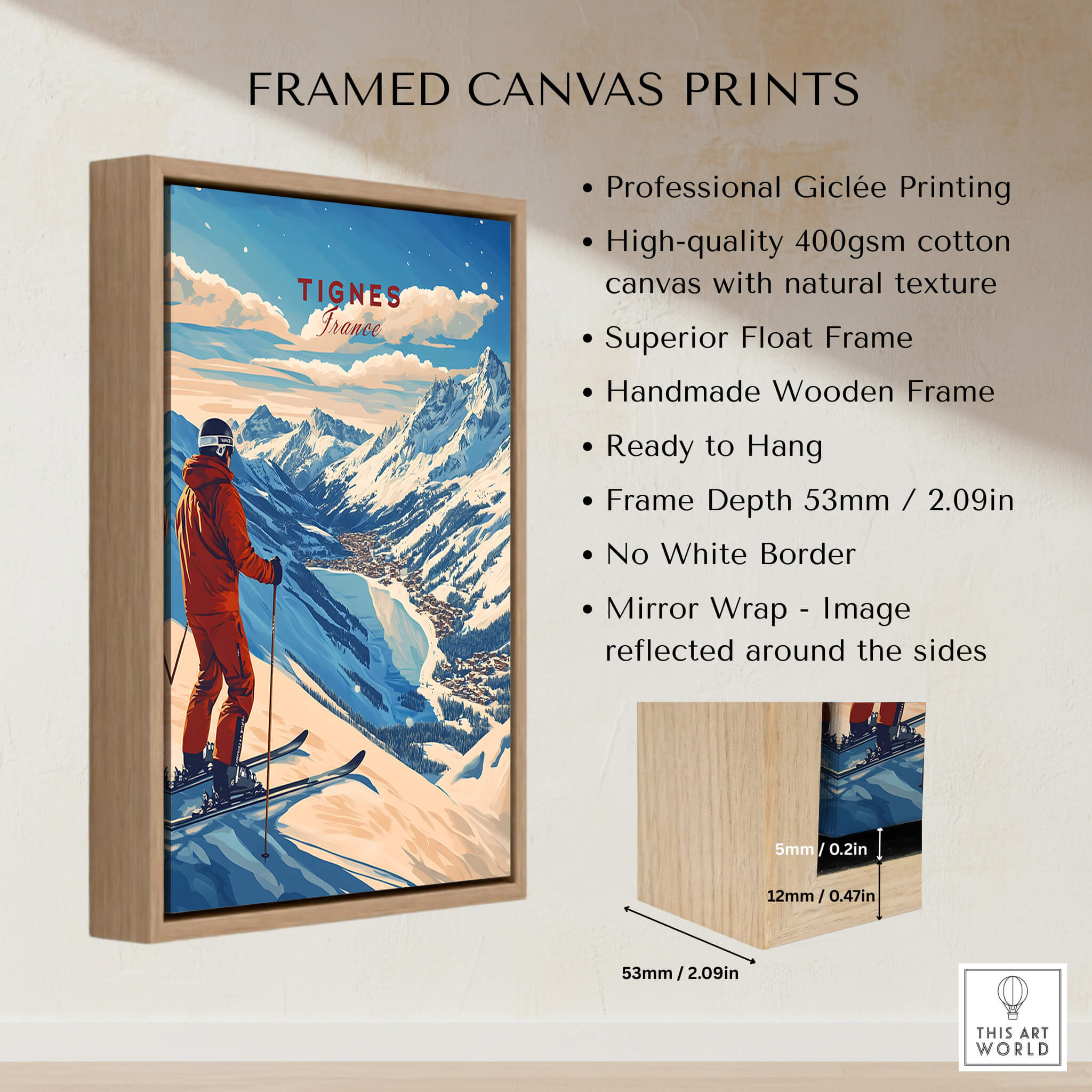 Tignes Print France Ski Poster framed canvas print showcasing skiing in Tignes, France with professional Giclée printing.