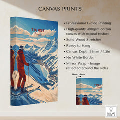 Tignes Print France Ski Poster featuring skiing in the breathtaking mountains of Tignes, France, with high-quality Giclée printing.