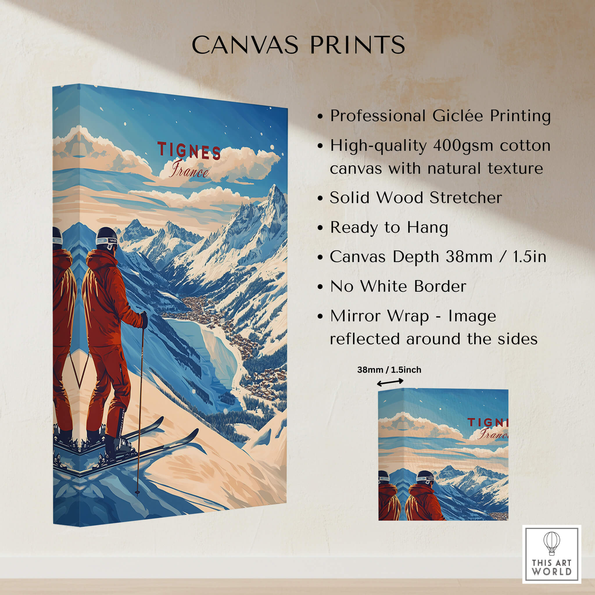 Tignes Print France Ski Poster featuring skiing in the breathtaking mountains of Tignes, France, with high-quality Giclée printing.
