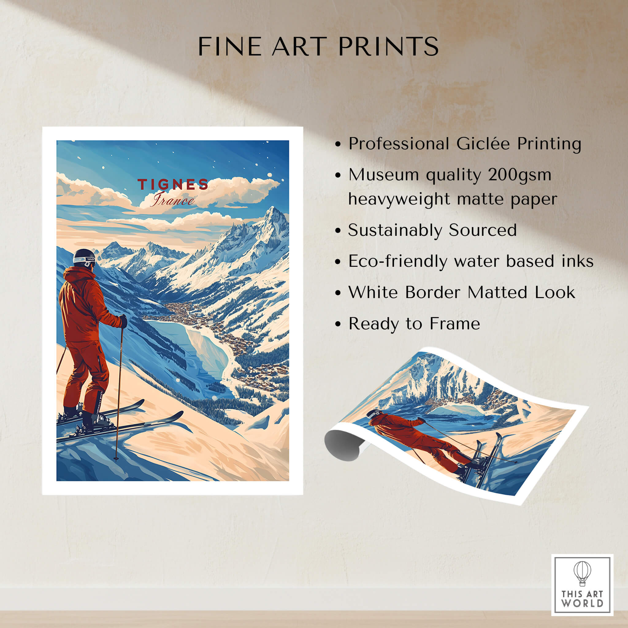 Tignes Print France Ski Poster featuring stunning mountains and skier, professional Giclée printing.
