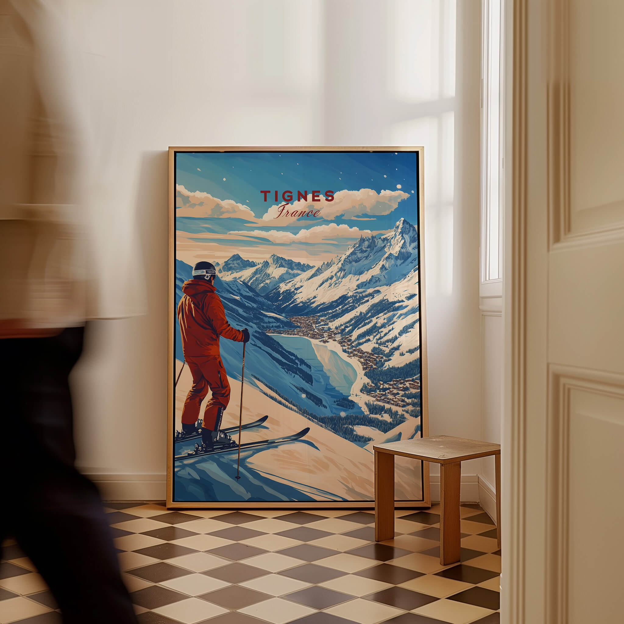 Tignes Print France Ski Poster showcasing skiing views in Tignes, France, perfect for ski enthusiasts.