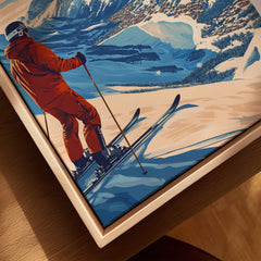 Tignes Print France Ski Poster showcasing a skier in an orange outfit enjoying the slopes of Tignes, France.