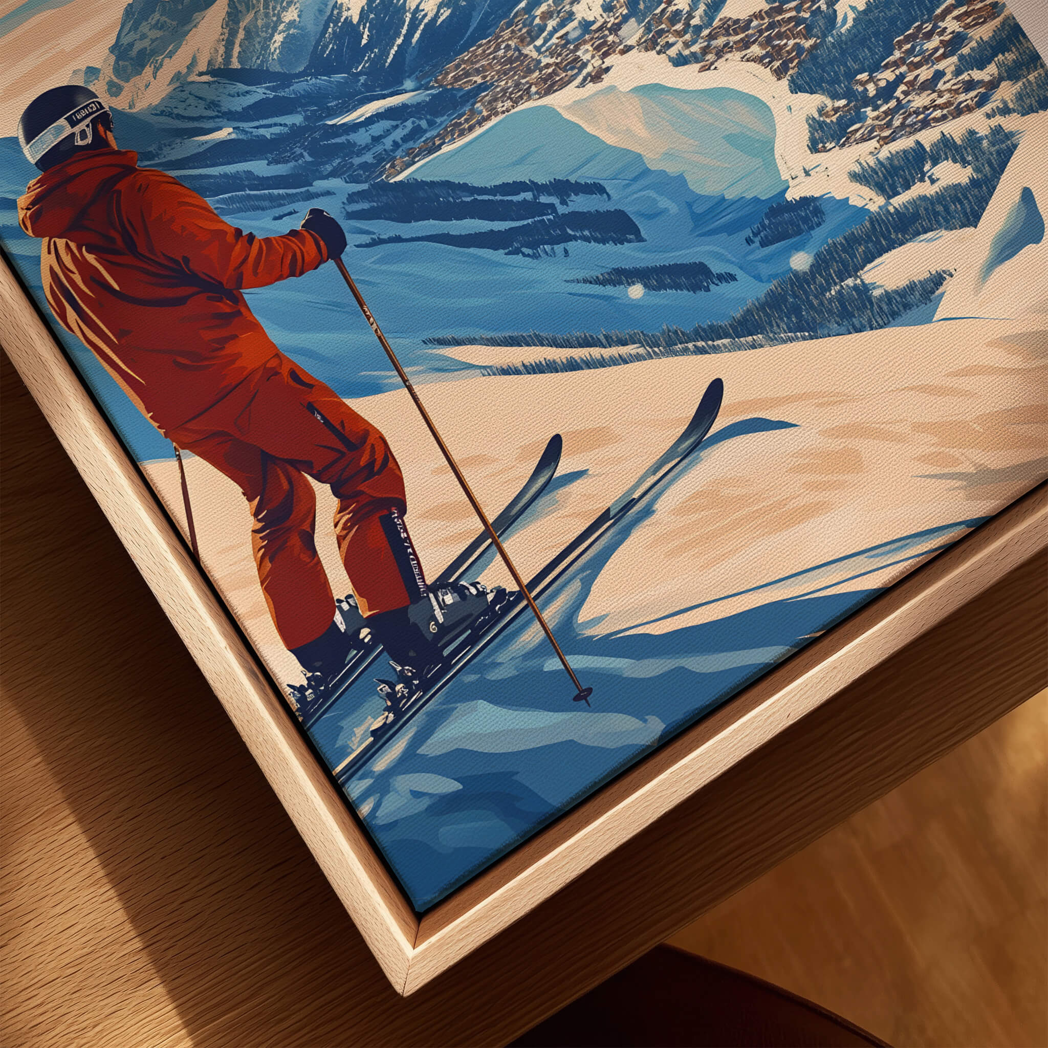 Tignes Print France Ski Poster showcasing a skier in an orange outfit enjoying the slopes of Tignes, France.