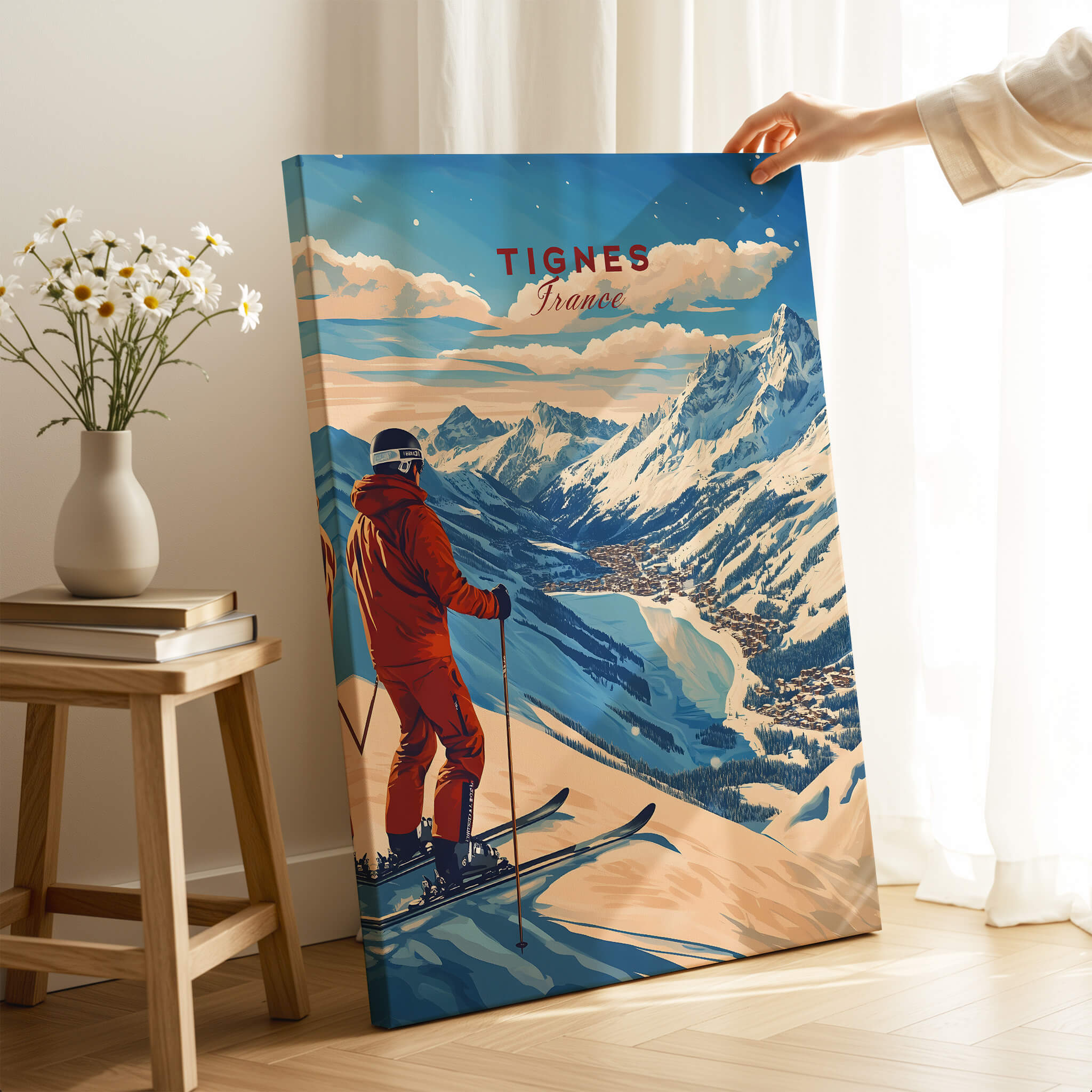 Tignes Print France Ski Poster showcasing a skier with mountains in the background, ideal for ski enthusiasts.