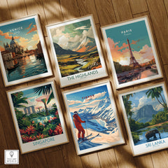 Tignes Print France Ski Poster displayed among other travel posters in a cozy setting with various landscapes and cityscapes