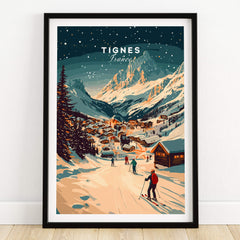 Tignes Wall Art Ski Print showcasing the beautiful Tignes ski resort with skiers and snow-covered mountains.