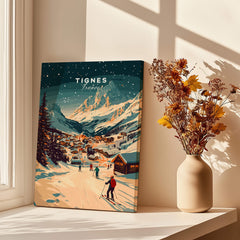 Tignes Wall Art Ski Print showcasing the beautiful Tignes ski resort with snowy mountains and skiers.