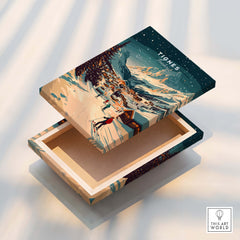 Tignes Wall Art Ski Print on a decorative box showcasing a snowy mountain landscape and ski resort.
