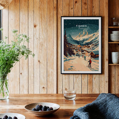 Tignes Wall Art Ski Print displayed in a cozy interior, capturing the beauty of Tignes ski resort.