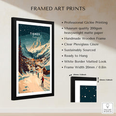 Framed Tignes Wall Art Ski Print showcasing Giclée quality with a mountain landscape and skiers.