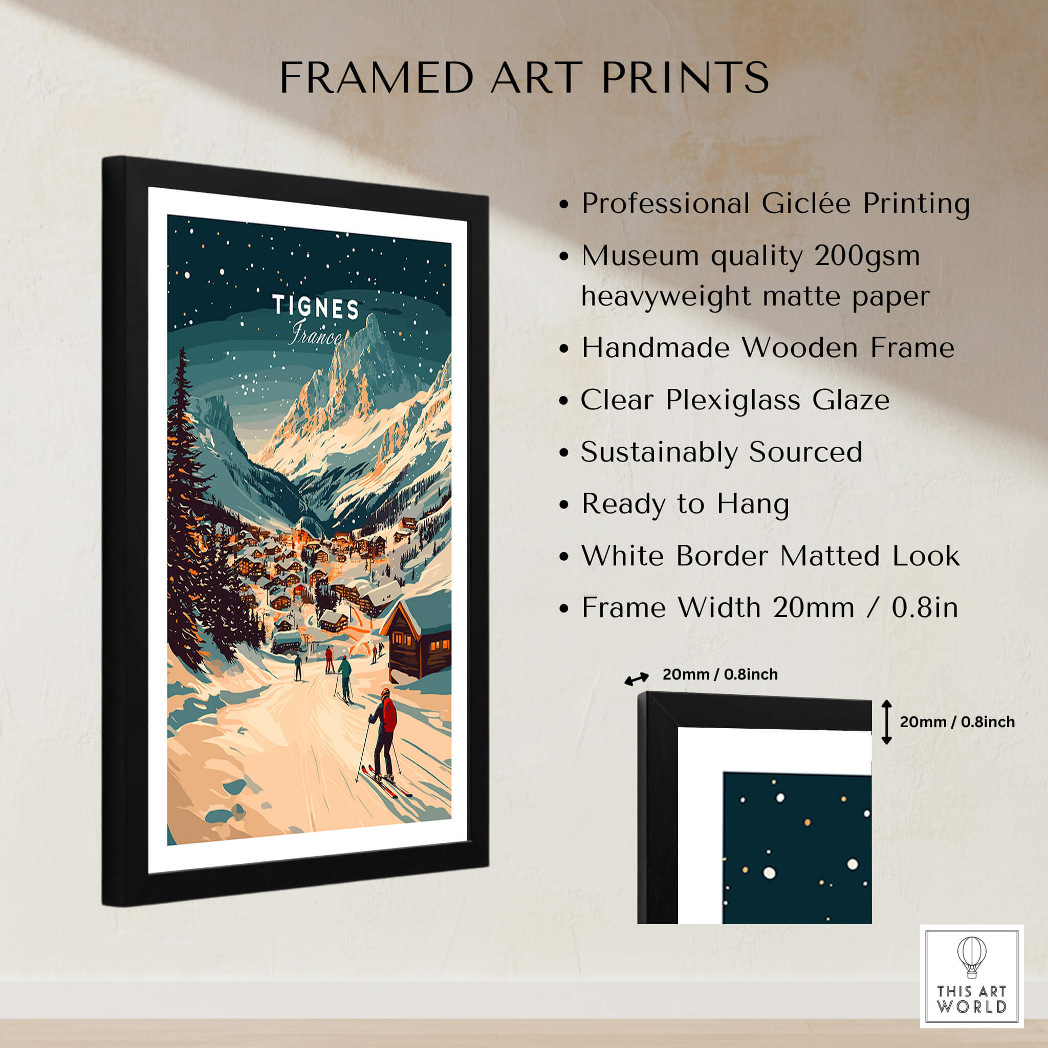 Framed Tignes Wall Art Ski Print showcasing Giclée quality with a mountain landscape and skiers.