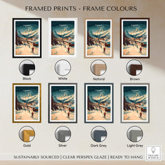 Tignes Wall Art Ski Print options displayed in various frame colors including black, white, natural, and brown.