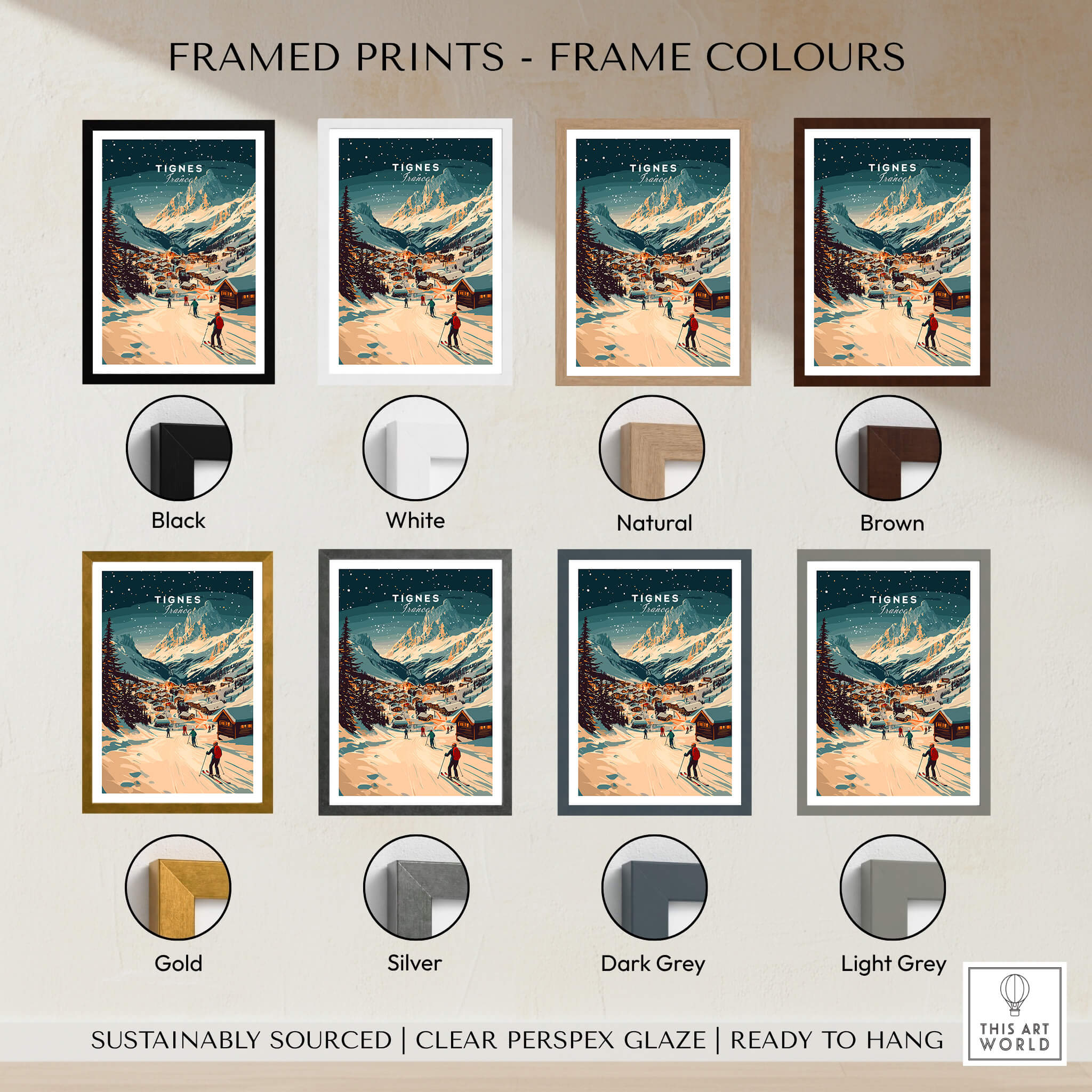 Tignes Wall Art Ski Print options displayed in various frame colors including black, white, natural, and brown.