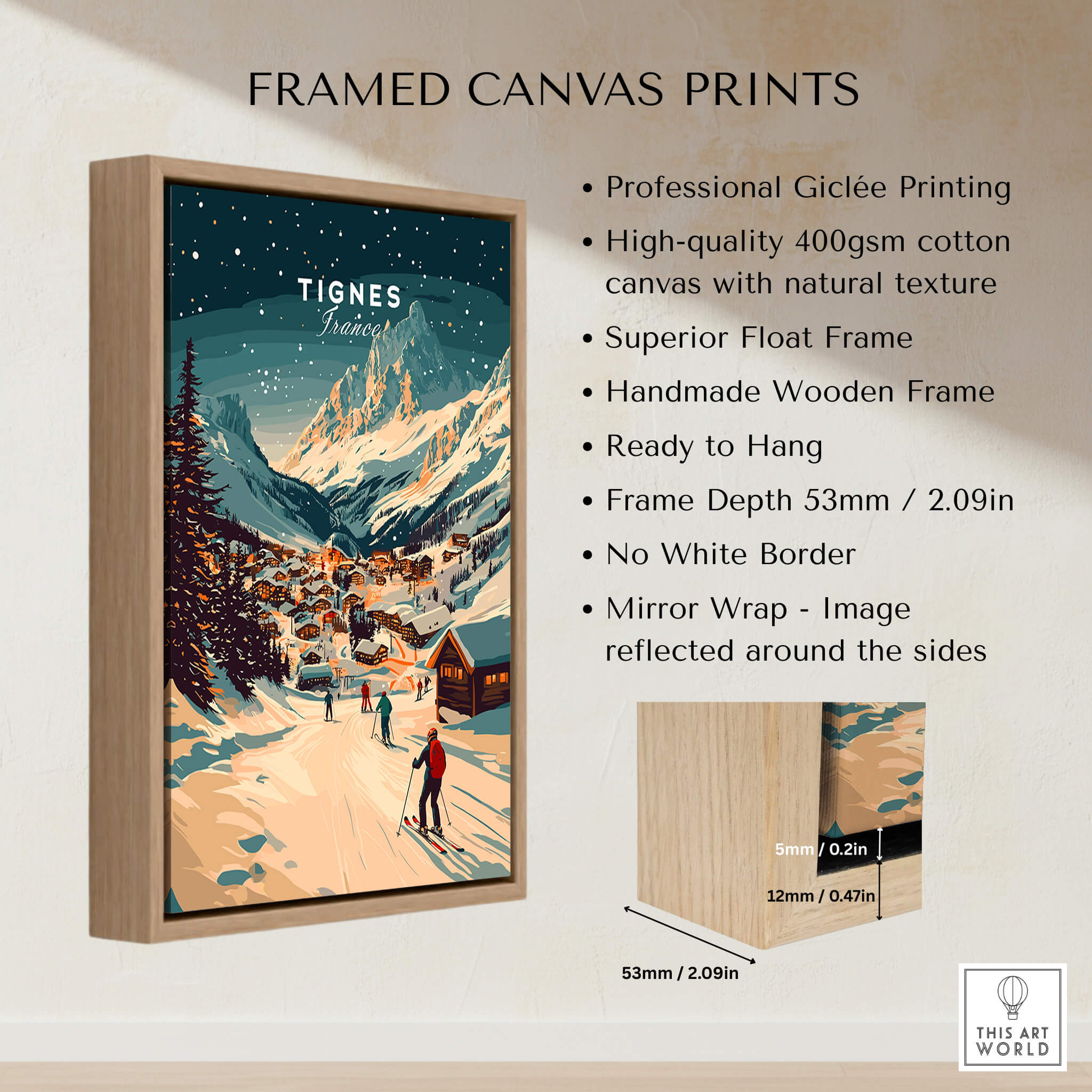 Tignes Wall Art Ski Print framed canvas print showcasing Tignes ski resort with professional Giclée printing.