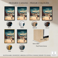Tignes Wall Art Ski Print framed canvas options in black, white, natural, brown, gold, and silver.