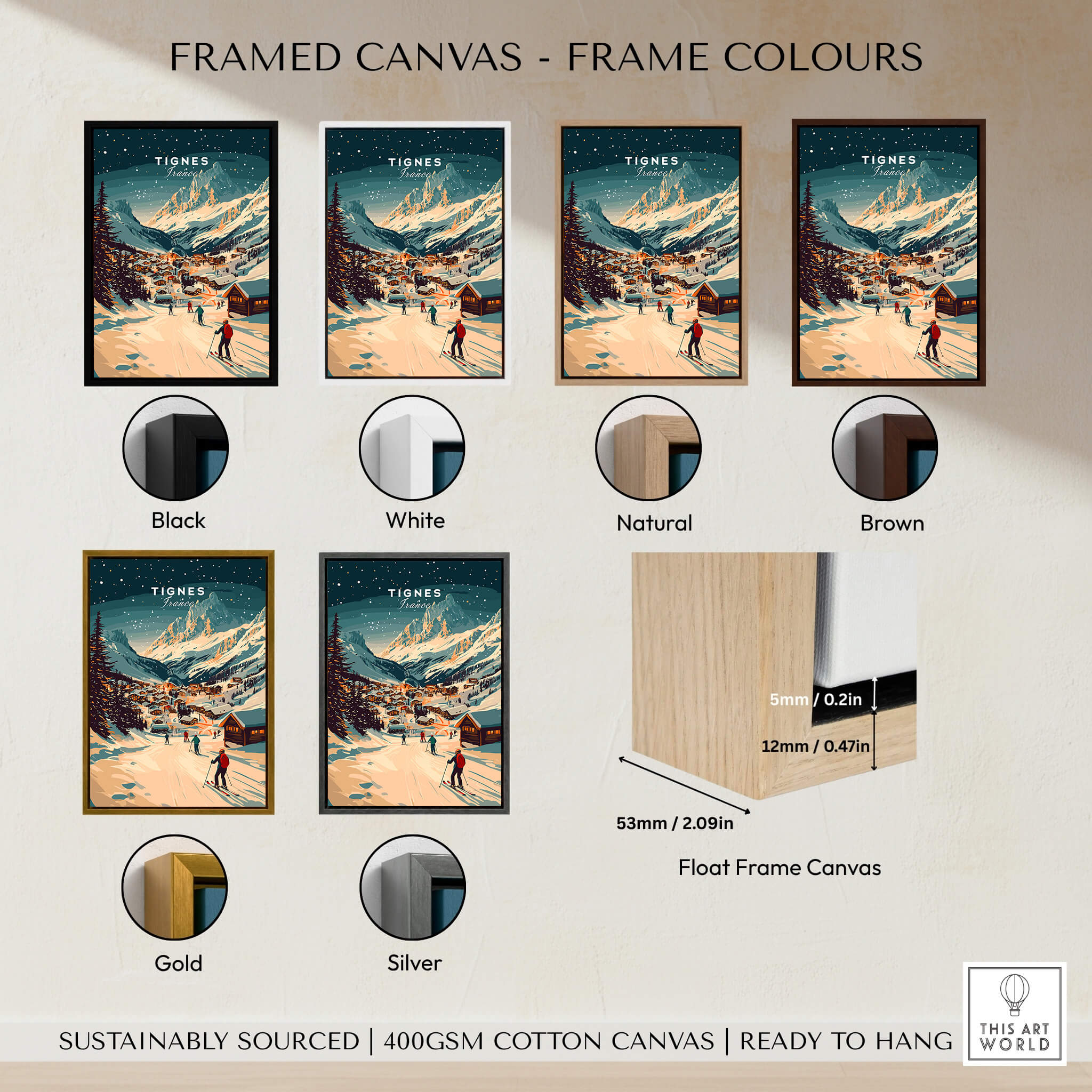 Tignes Wall Art Ski Print framed canvas options in black, white, natural, brown, gold, and silver.