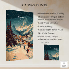Tignes Wall Art Ski Print featuring a snowy mountain scene showcasing the beauty of Tignes ski resort.