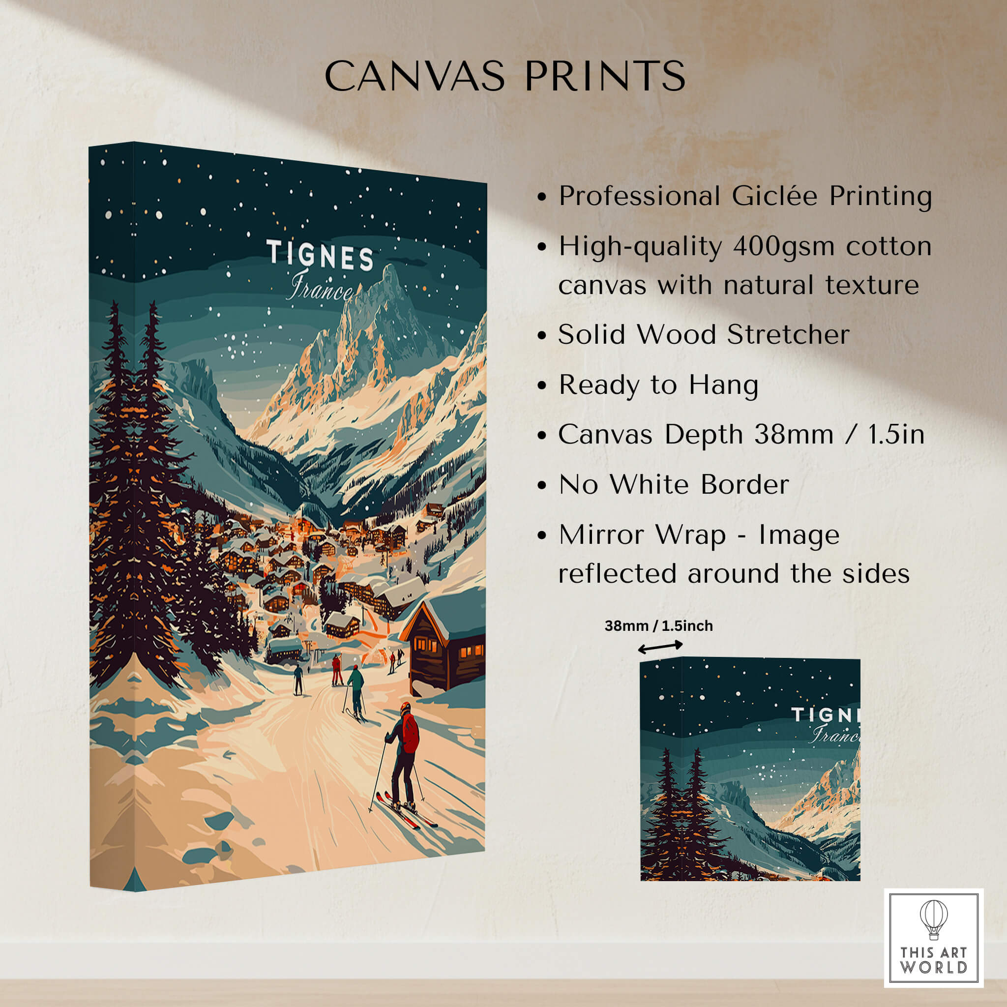 Tignes Wall Art Ski Print featuring a snowy mountain scene showcasing the beauty of Tignes ski resort.