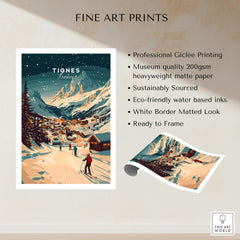 Tignes Wall Art Ski Print featuring a stunning winter scene of Tignes ski resort with snow-covered mountains.