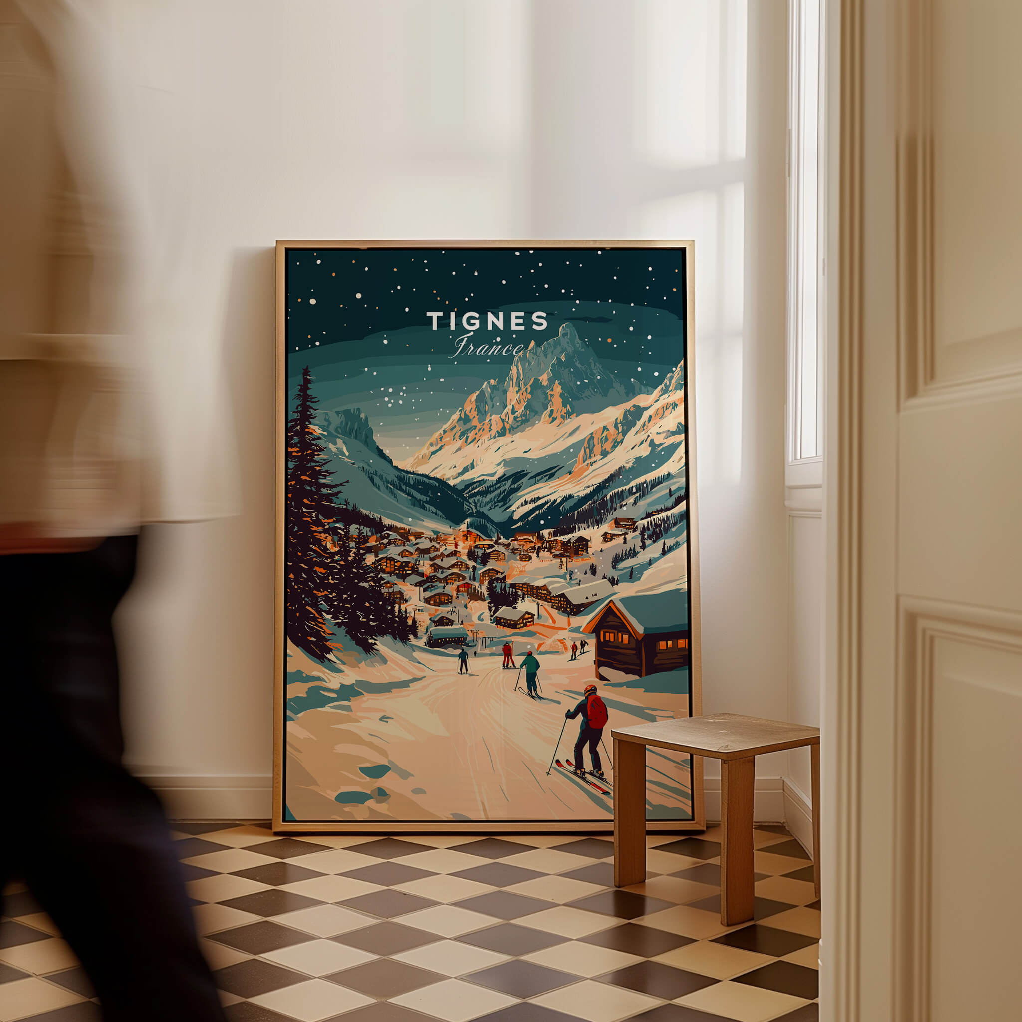 Tignes Wall Art Ski Print showcasing a picturesque winter scene of Tignes ski resort in France.