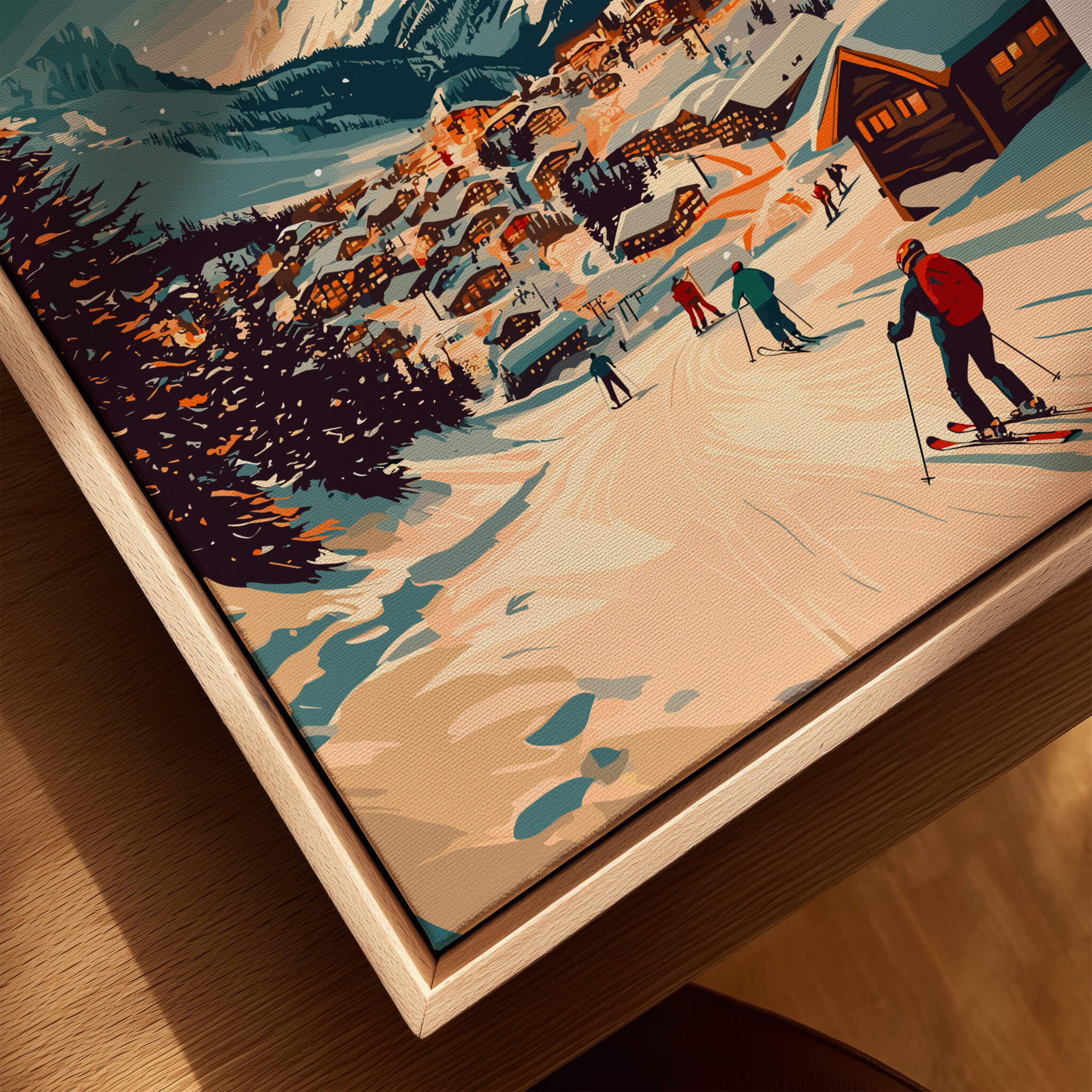 Tignes Wall Art Ski Print showcasing skiers on beautiful snowy slopes with a charming village background.