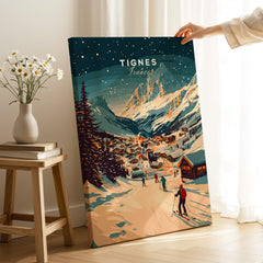 Tignes Wall Art Ski Print featuring a vibrant ski resort landscape with skiers and mountains in Tignes.