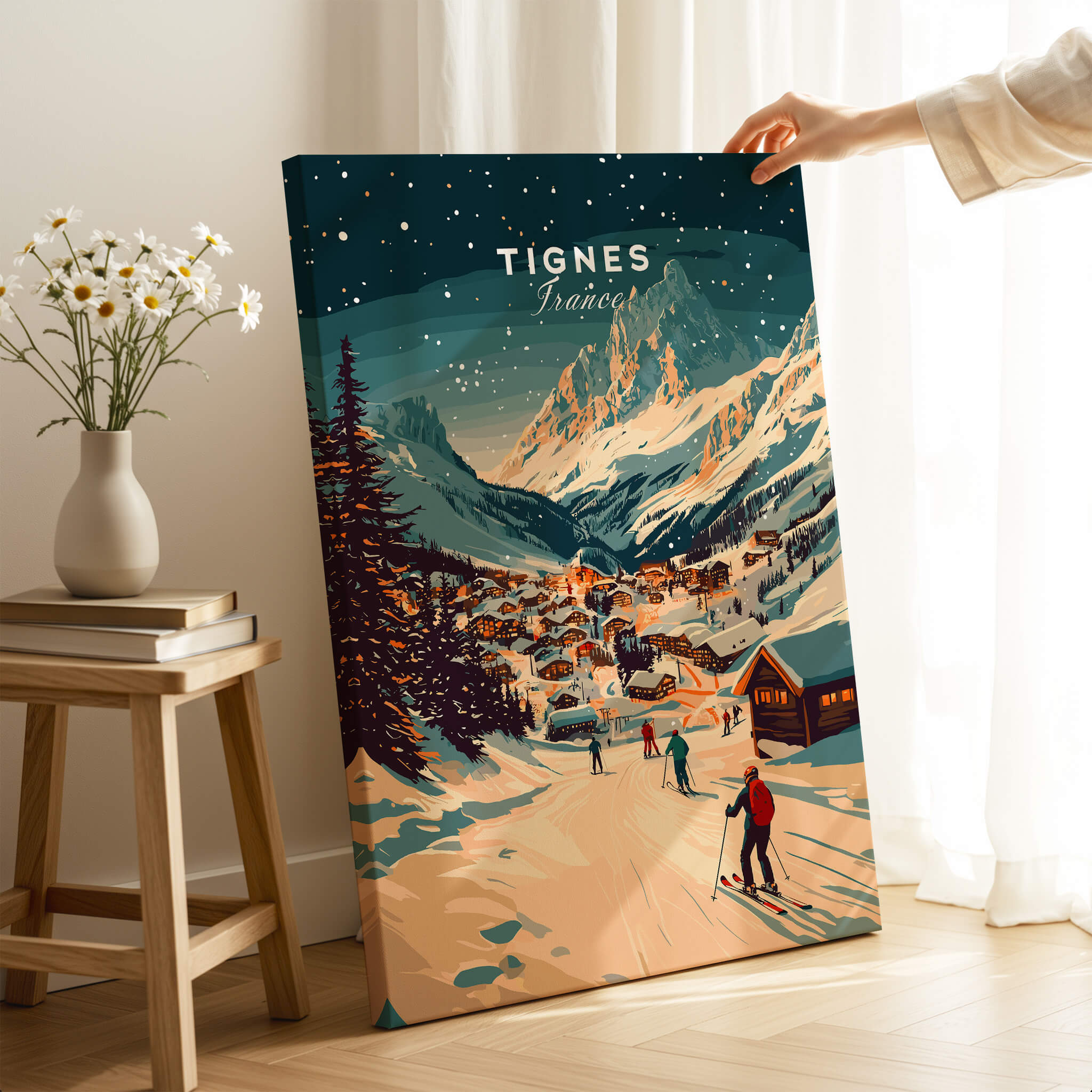 Tignes Wall Art Ski Print featuring a vibrant ski resort landscape with skiers and mountains in Tignes.