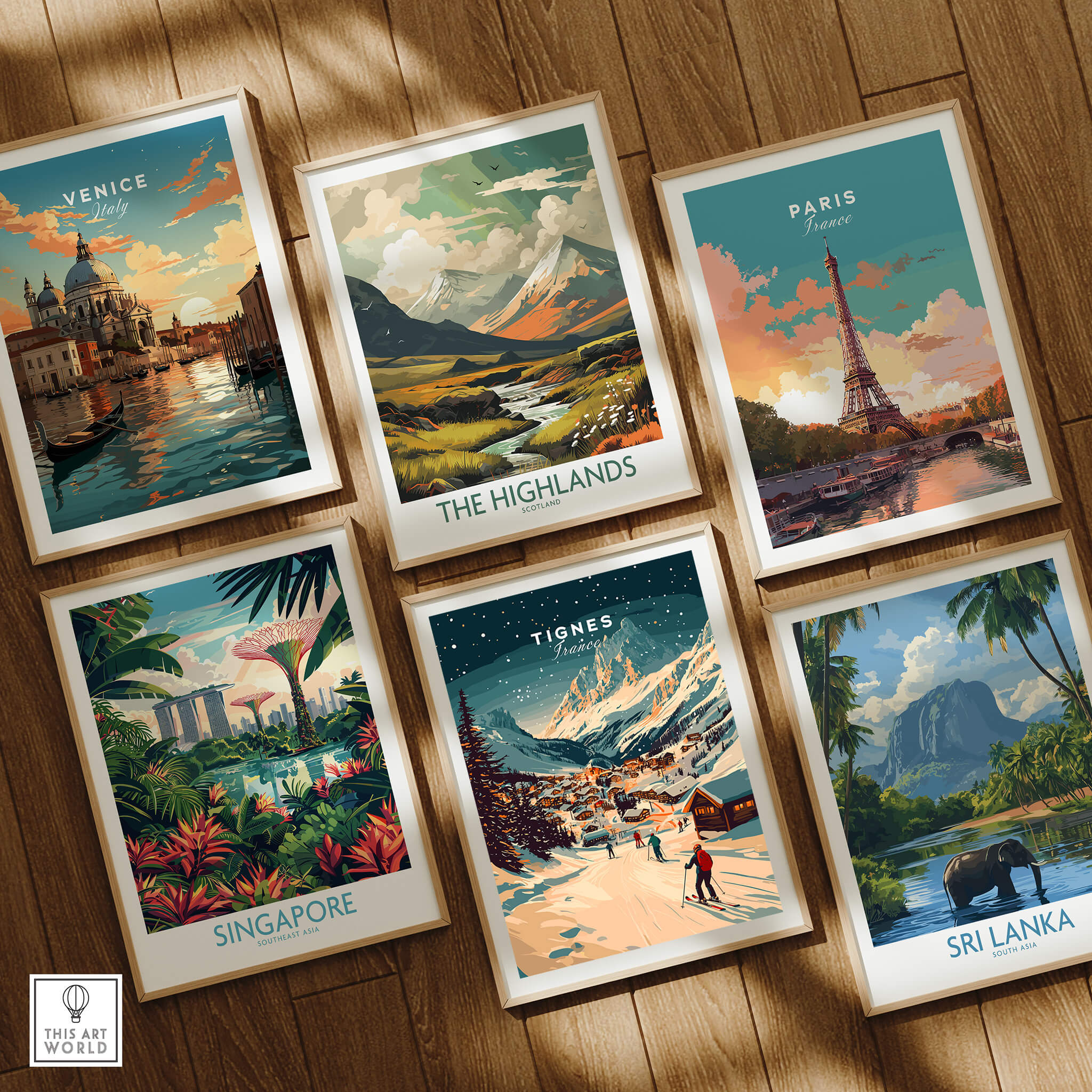Collection of framed prints including Tignes Wall Art Ski Print, showcasing global travel and scenic destinations.