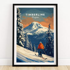 Timberline Travel Poster - Oregon featuring a skier in a stunning snowy landscape of Oregon.