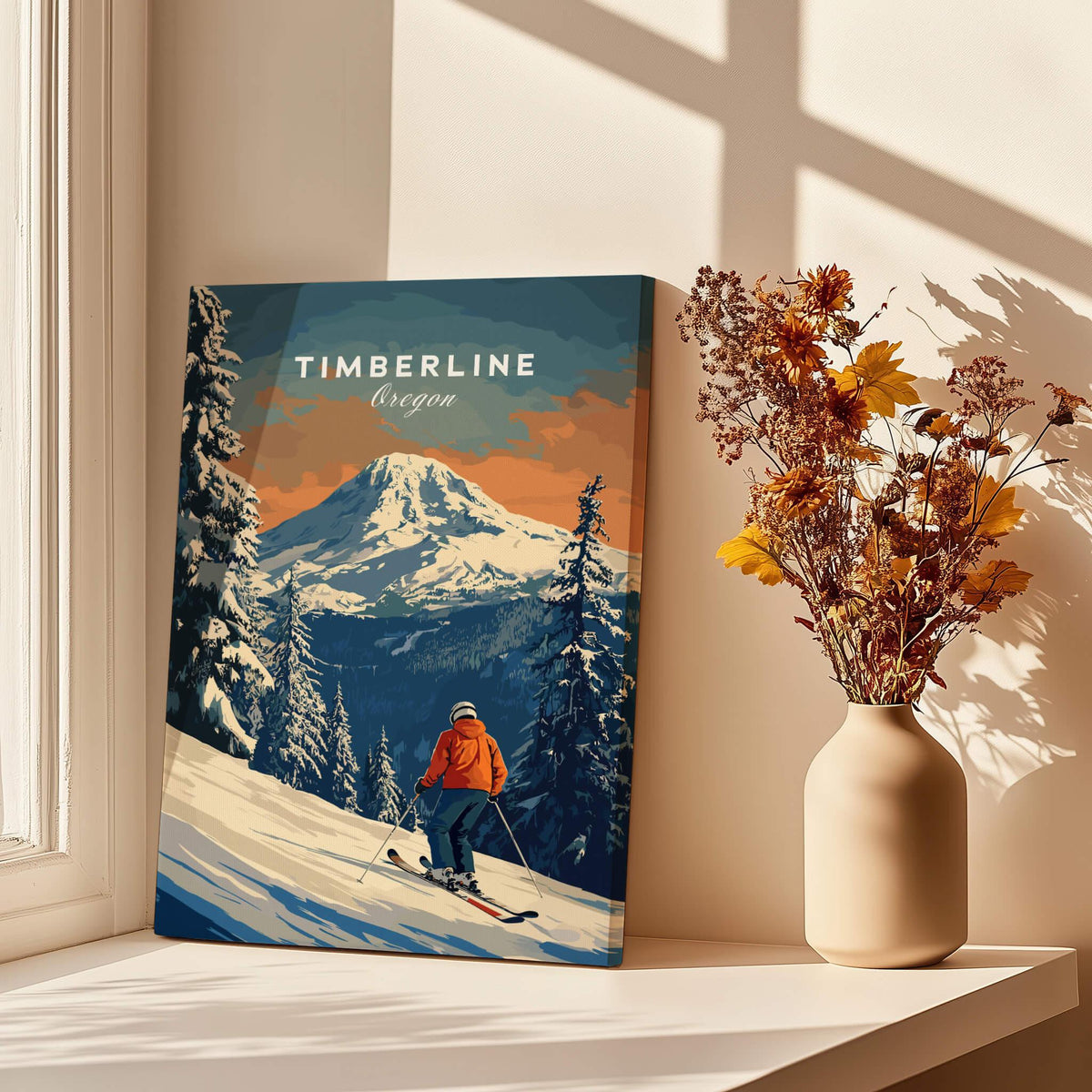Timberline Travel Poster - Oregon showcasing a skier against a stunning mountain backdrop.