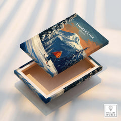Timberline Travel Poster - Oregon design on a decorative box illustrating a skier in a snowy landscape.