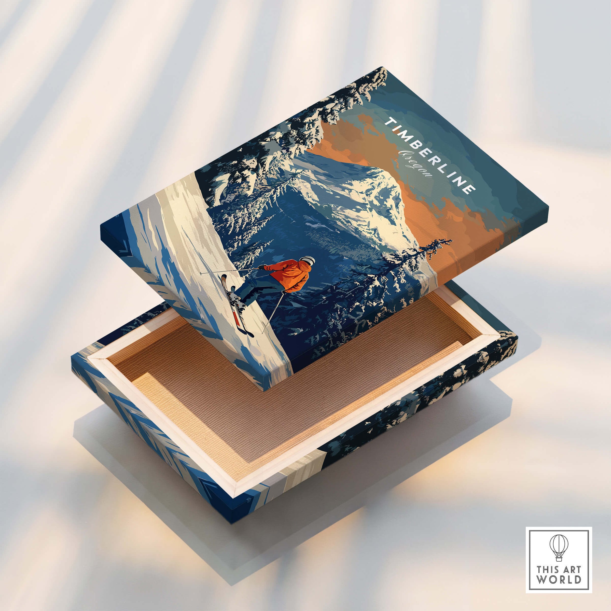 Timberline Travel Poster - Oregon design on a decorative box illustrating a skier in a snowy landscape.
