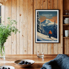 Timberline Travel Poster -  Oregon showcasing a skier in a snowy landscape, perfect for travel enthusiasts.