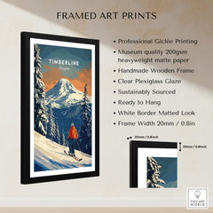 Timberline Travel Poster - Oregon framed art print showcasing stunning ski scene and mountain backdrop.